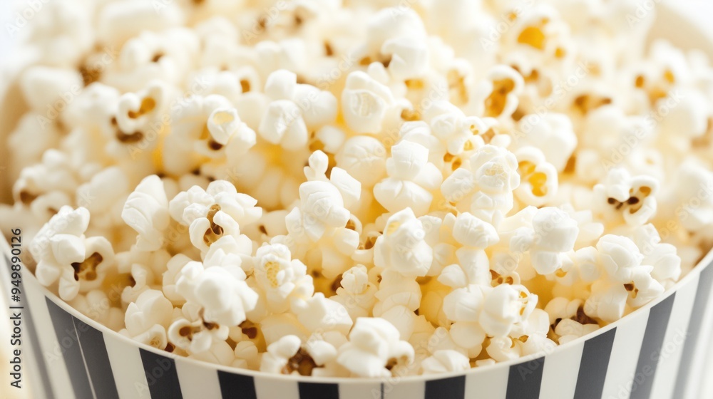 A close-up of a striped bucket filled with tasty popcorn A close-up of a striped bucket filled with tasty popcorn