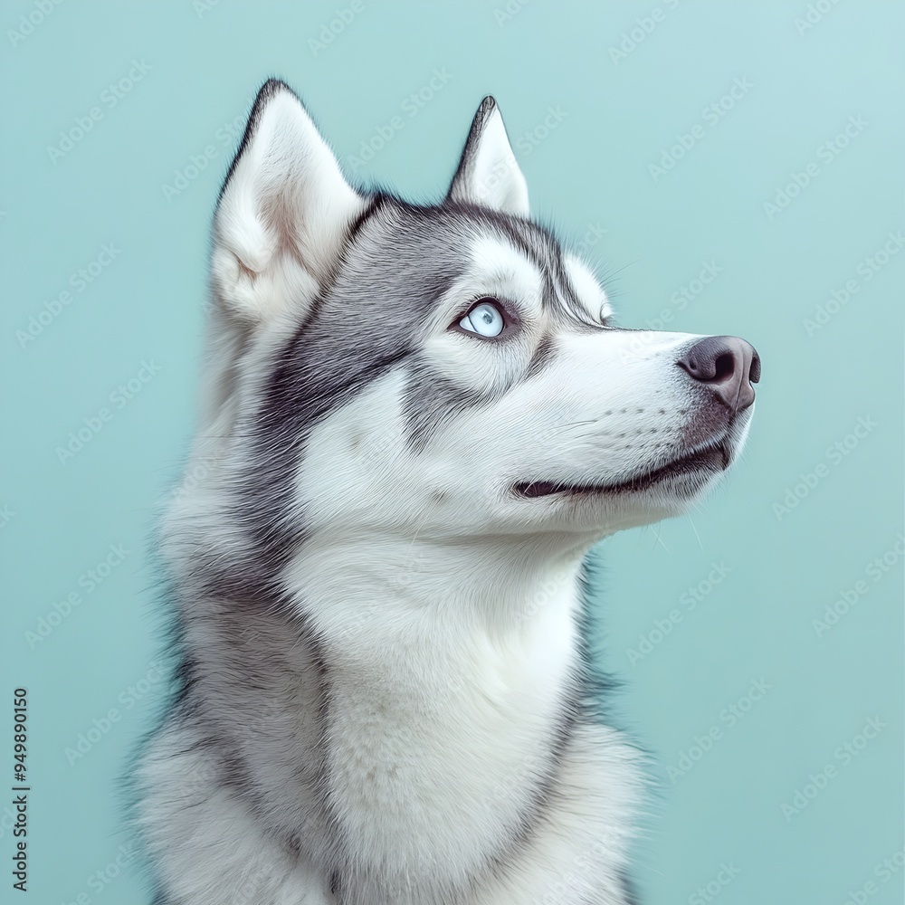 Captivating Close up Portrait of a Striking Siberian Husky Canine Against a Pale Aquamarine Background