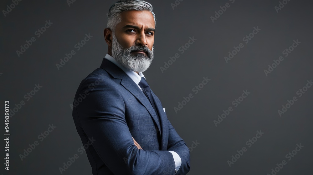 Fototapeta premium A confident Indian businessman with a gray beard wearing a suit. Career, corporate, professional.