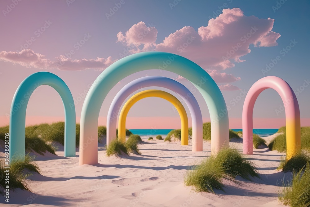 Surreal Pastel Shore Landscape 3D Render with Arches and Colorful Dunes in Summer Scene Surreal Pastel Shore Landscape 3D Render with Arches and Colorful Dunes in Summer Scene