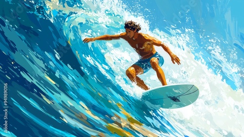 A cool man surfer character riding a wave, against the backdrop of abstract light blue and white waves.