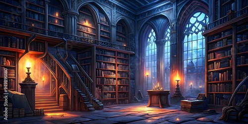 Mystical Library Enchantment Bookshelves Candles Shadows Glow