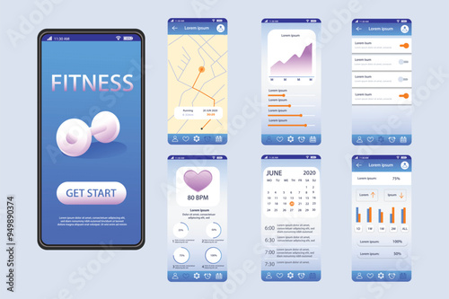 Fitness app concept in flat design. Detailed user interface design for a fitness app showing multiple screens for tracking different metrics. Vector Illustration.