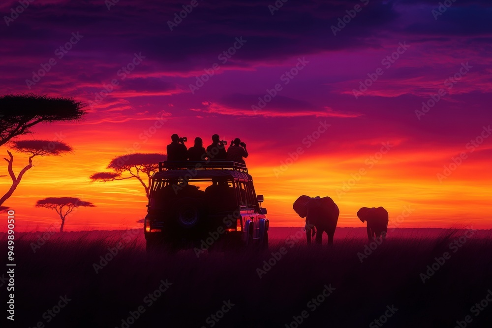 Fototapeta premium A safari jeep with photographers silhouetted against a spectacular sunset in the savannah, capturing the majestic elephants, symbolizing adventure and wildlife patience.