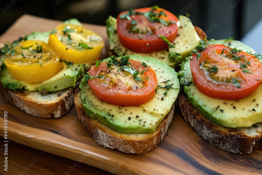 Three slices of avocado toast beautifully arranged on a wooden platte Three slices of avocado toast beautifully arranged on a wooden platte
