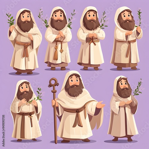 Illustrated Figures of Robed Religious Leaders Engaged in Worship and Spiritual Practices