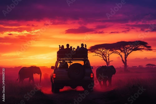 A captivating safari scene with a jeep carrying photographers, silhouetted against a stunning sunset with elephants calmly walking nearby, capturing the essence of African wildlife. photo