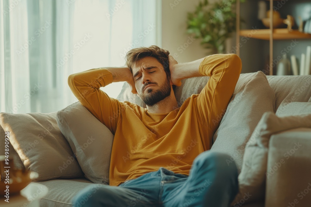 Tired, headache and stress of man in living room with mental health, fatigue and sad problem Tired, headache and stress of man in living room with mental health, fatigue and sad problem