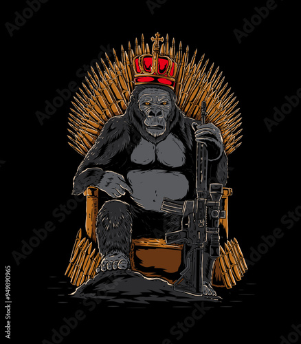King of Gorilla holding riffle as staff and sitting in throne