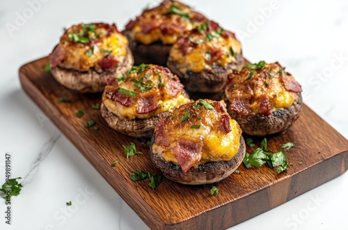 Appetizing Stuffed Mushrooms on a Wooden Board