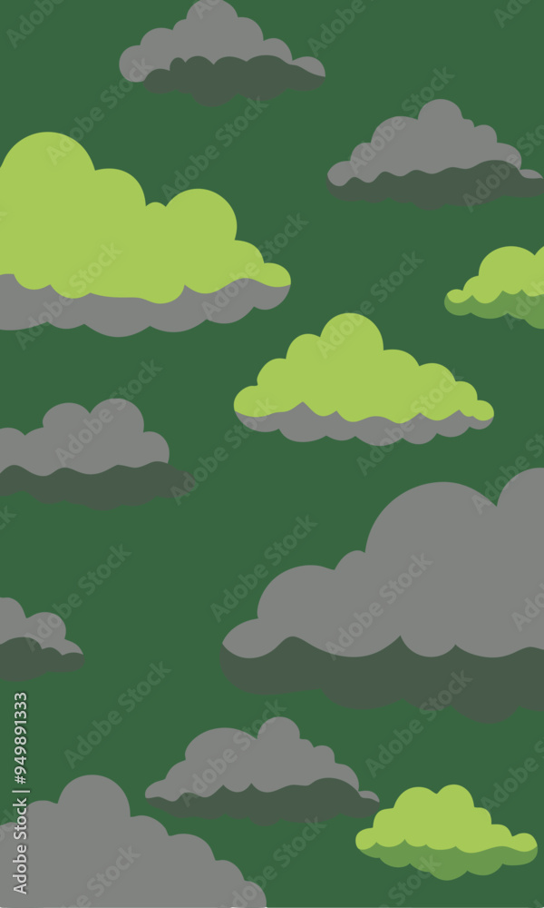 Fluffy clouds float gracefully in the sky against vibrant green Fluffy clouds float gracefully in the sky against vibrant green
