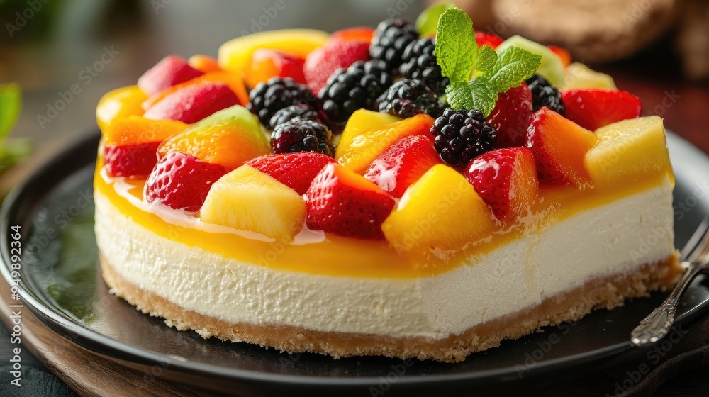 A decadent fruit salad cheesecake with a rich flavor. Dessert, indulgence, sweet tooth. A decadent fruit salad cheesecake with a rich flavor. Dessert, indulgence, sweet tooth.
