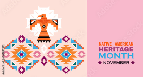 Native American Heritage Month in November  Celebrate annual in United States  Tradition geometrical ornament pattern  Design holiday American Indian culture Vector flat icon illustration photo