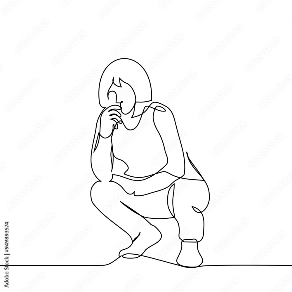 woman squatting thoughtfully - one line art vector. woman squatting thoughtfully - one line art vector.