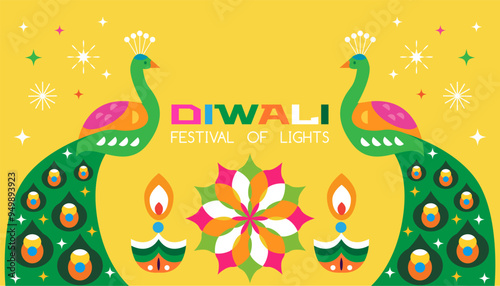 Traditional Indian festival Diwali. Happy Festival of lights Deepavali, peacock, rangoli Template  banner, poster,card  Festive Burning diya background Vector abstract icon  illustration