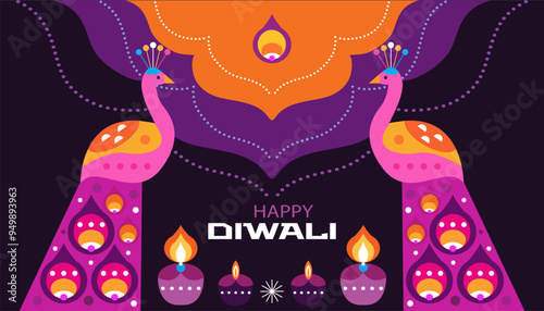 Traditional Indian festival Diwali. Happy Festival of lights Deepavali, peacock, rangoli Template  banner, poster,card  Festive Burning diya background Vector abstract icon  illustration