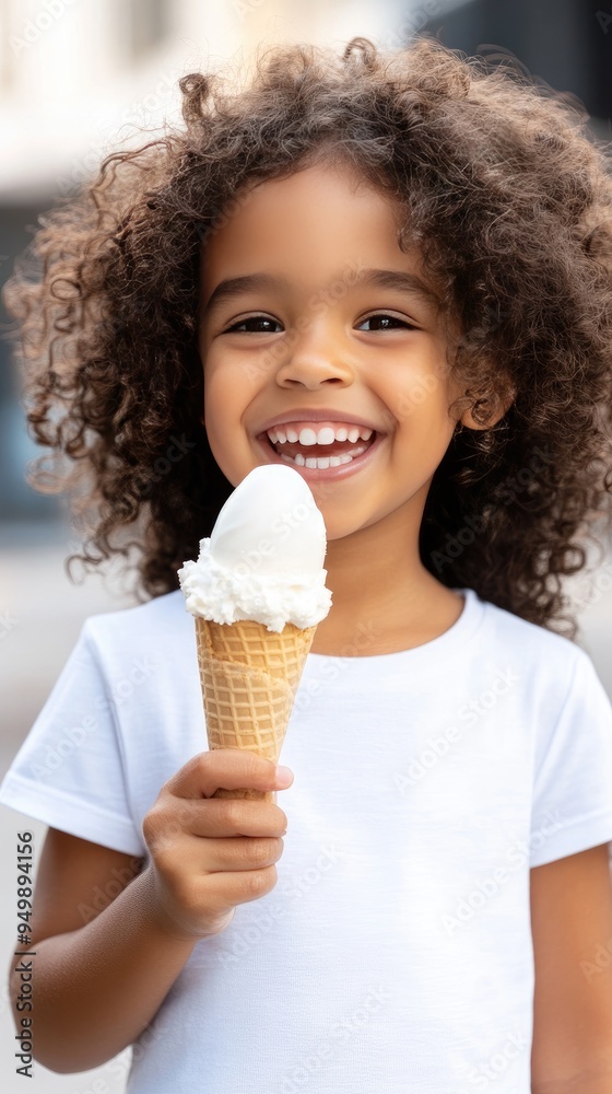 A joyful little girl with curly hair and brown eyes holds an ice cream cone while smiling at the camera, surrounded by a soft, urban backdrop in warm colors. A joyful little girl with curly hair and brown eyes holds an ice cream cone while smiling at the camera, surrounded by a soft, urban backdrop in warm colors.