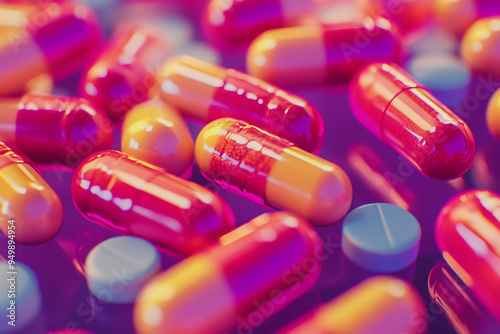 Close-up image of various pills, highlighting their textures and shapes