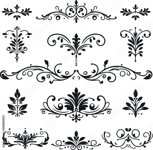 Hand drawn Ornamental Floral Dividers And Decorative Separators On Solid White Background