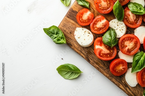 Fresh Caprese Salad Ingredients on a Wooden Cutting Board photo