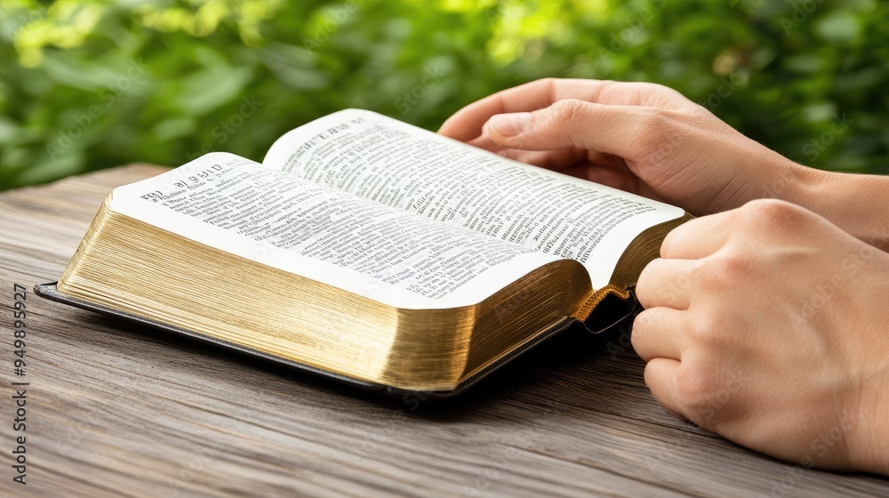 Fototapeta premium Soft light highlights a woman's hands as she reads an open Bible in a church, creating a serene atmosphere during a Christian celebration focused on spirituality.