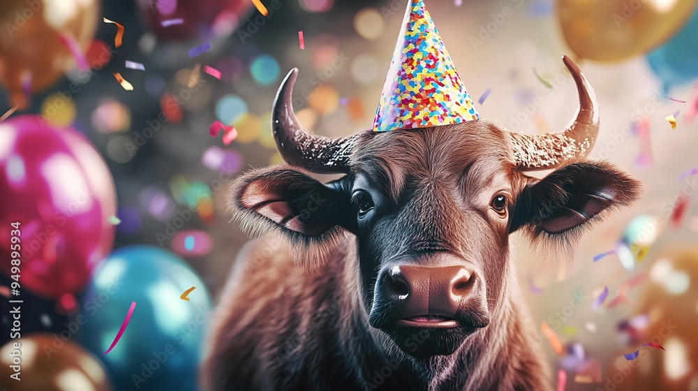 Happy Cute Animal Buffalo Wearing a Clown Hat, Celebrating New Year Celebration or Fancy Birthday Party, Lots of Balloons with Shiny Ribbons. Happy Cute Animal Buffalo Wearing a Clown Hat, Celebrating New Year Celebration or Fancy Birthday Party, Lots of Balloons with Shiny Ribbons.