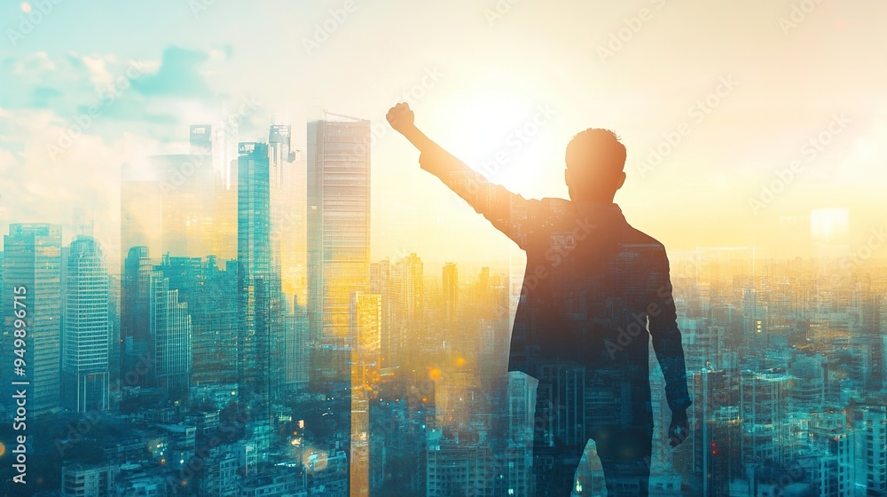 Successful asian businessman raised arm to the sky with cityscape background. Business concept. Double exposure.generative ai