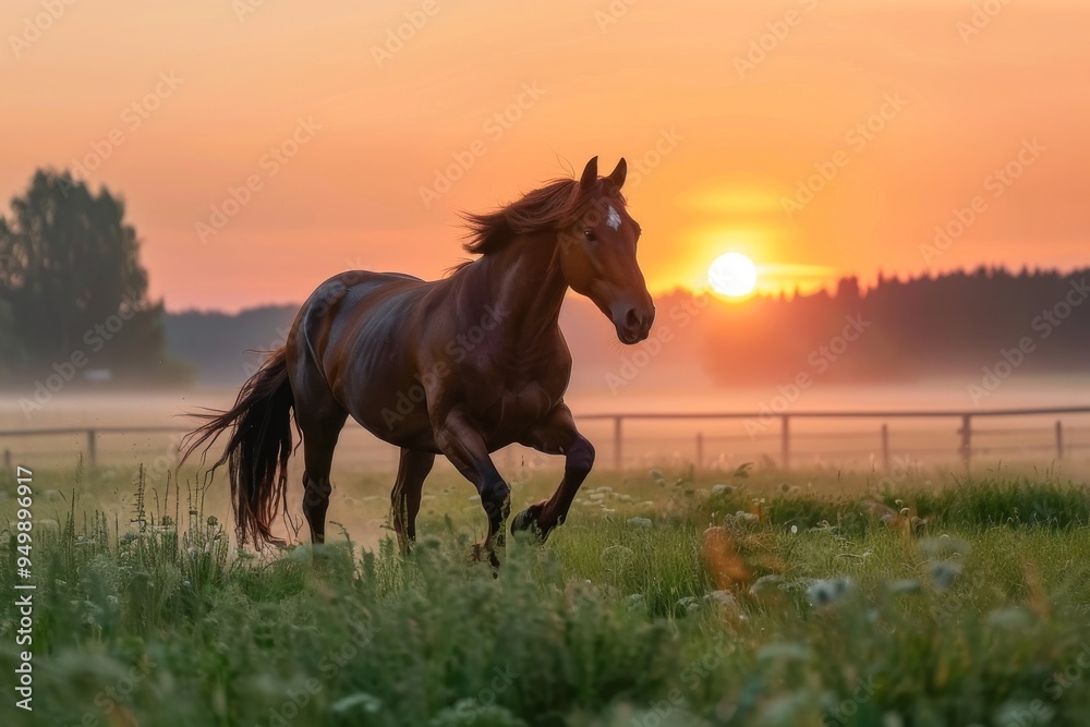 A dynamic painting depicts a horse sprinting across a lush field, symbolizing strength and the beauty of nature, A majestic horse galloping across a meadow, AI generated A dynamic painting depicts a horse sprinting across a lush field, symbolizing strength and the beauty of nature, A majestic horse galloping across a meadow, AI generated