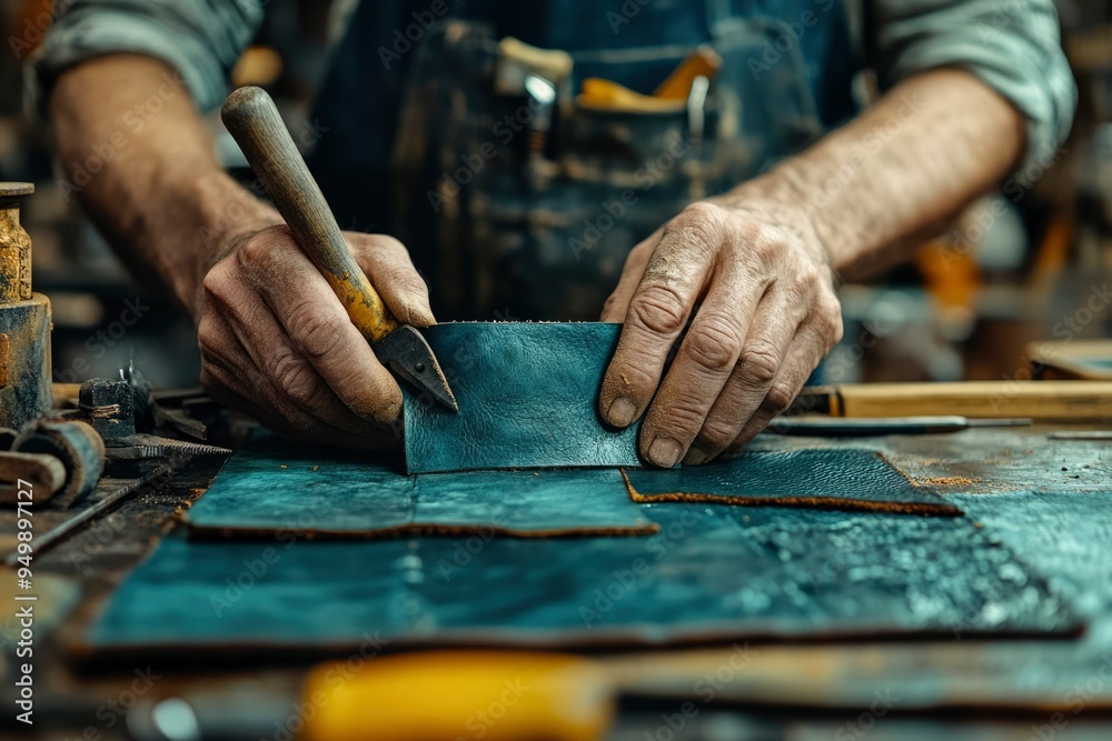 Craftsman's Hands Working on Leather with a Tool Craftsman's Hands Working on Leather with a Tool