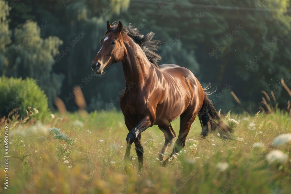 A striking image of a black horse running through a green field, illustrating the harmony between animal and natural landscape, A majestic horse galloping across a meadow, AI generated A striking image of a black horse running through a green field, illustrating the harmony between animal and natural landscape, A majestic horse galloping across a meadow, AI generated