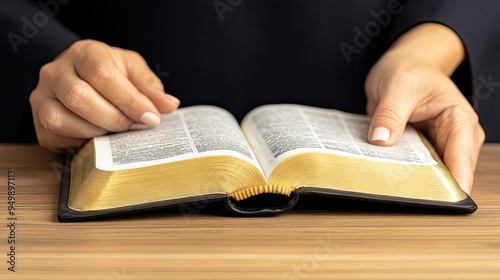 Soft light highlights a woman's hands as she reads an open Bible in a church, creating a serene atmosphere during a Christian celebration focused on spirituality