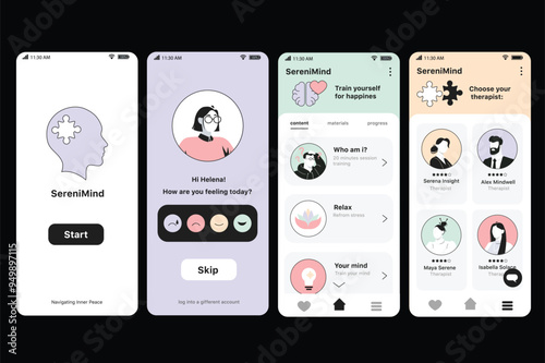 Mental health app concept in flat design. This mobile app interface showcases SereniMind, a mental health app focused on self-care and therapist choice. Vector Illustration.