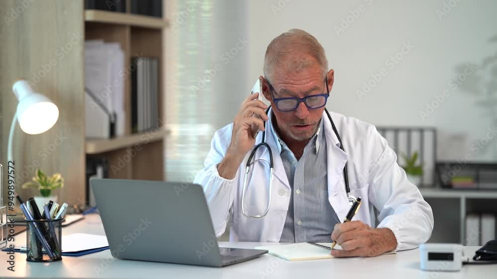 the doctor work with laptop at table in clinic. Online consultation