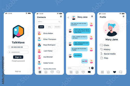 Chat app concept in flat design. This image shows the TalkWave mobile app with user interface design including login page, contact list, chat interface and user profile. Vector Illustration.