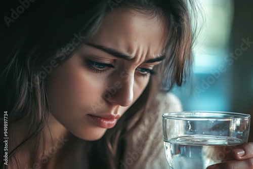 A woman swallows a pill with a glass of water, her expression reflecting pain and depression