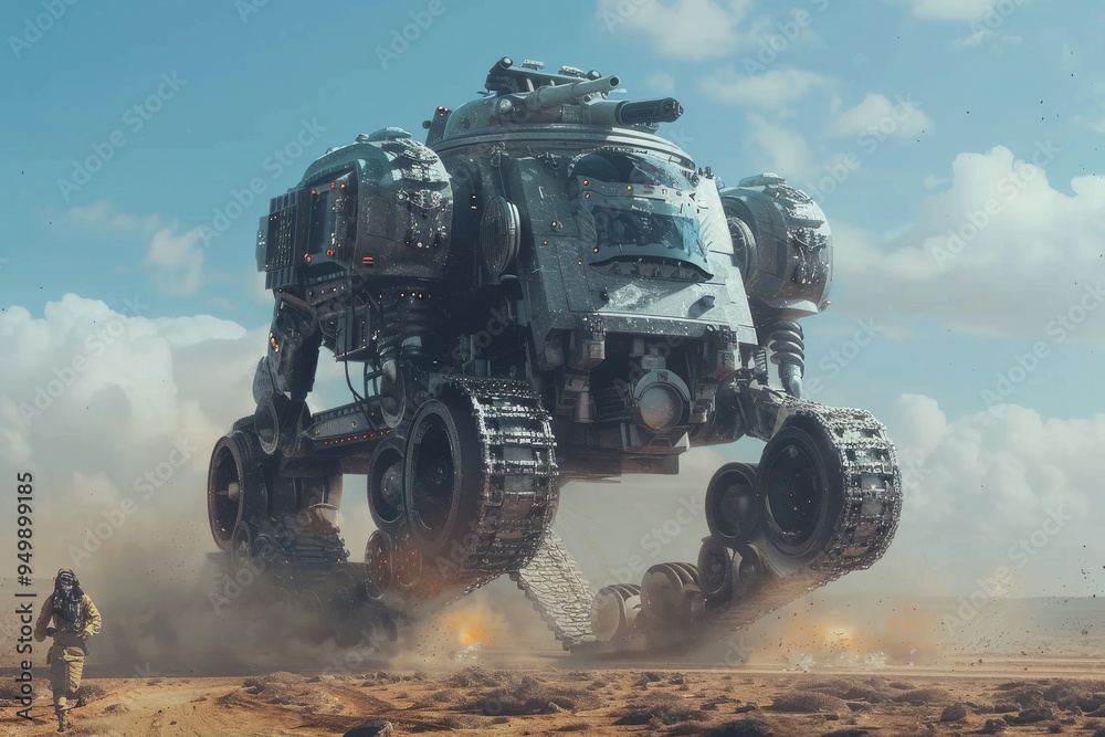 Fototapeta premium A massive, AI-controlled tank rolling into battle, AI generated