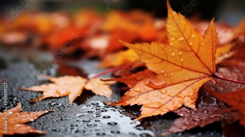 Close up of orange autumn foliage on wet asphalt road after rain. Neural network ai generated art