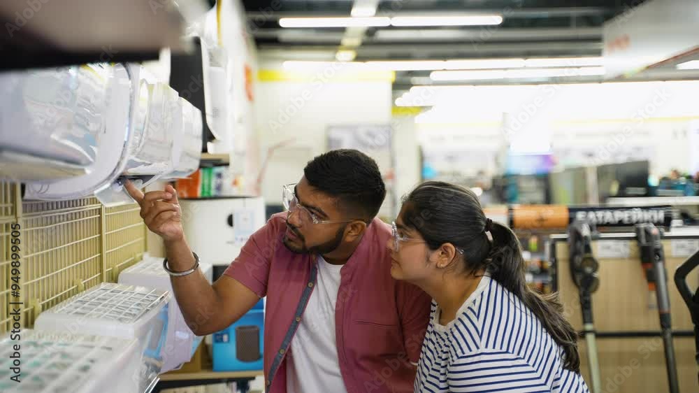 Indian couple choosing air conditioner in home appliance store for new home Indian couple choosing air conditioner in home appliance store for new home