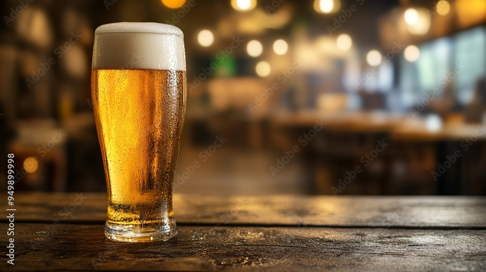 Close up of a frosty golden hued beer in a glass sitting on a rustic wooden table in a cozy inviting pub or bar setting The frothy head and amber liquid create a warm relaxing atmosphere Close up of a frosty golden hued beer in a glass sitting on a rustic wooden table in a cozy inviting pub or bar setting The frothy head and amber liquid create a warm relaxing atmosphere
