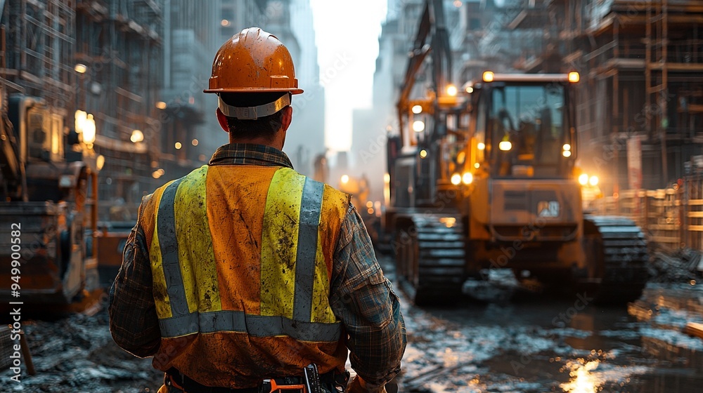 Construction worker in safety gear standing on a busy urban construction site with cranes heavy machinery and a cityscape in the background Construction worker in safety gear standing on a busy urban construction site with cranes heavy machinery and a cityscape in the background