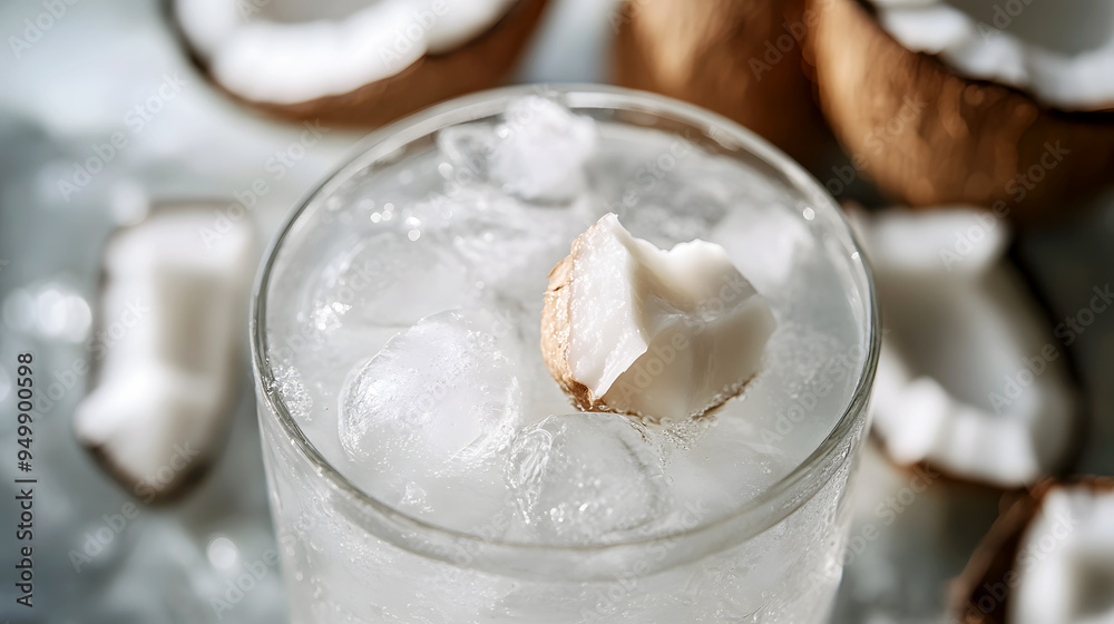 close-up of coconut water with ice, garnished with a small coconut piece close-up of coconut water with ice, garnished with a small coconut piece