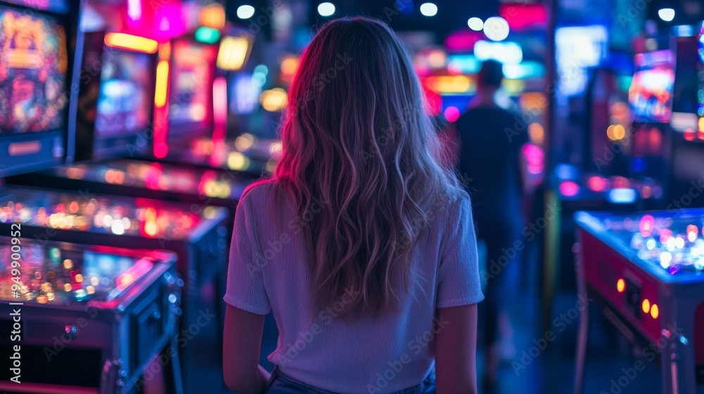An arcade filled with neon lights and pinball machines, focusing on a woman playing, the image taken from behind her shoulder as another person passes by An arcade filled with neon lights and pinball machines, focusing on a woman playing, the image taken from behind her shoulder as another person passes by
