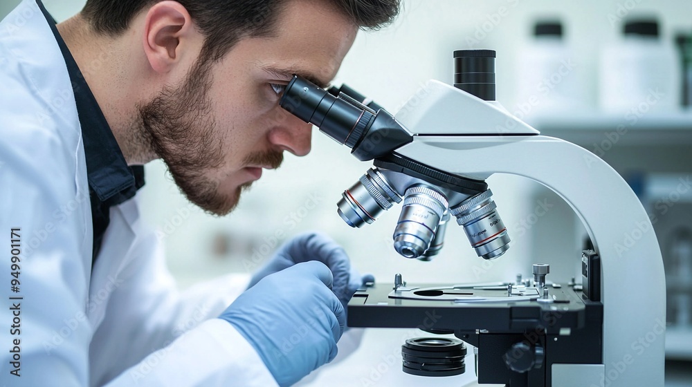 Focused Scientist Examining Sample Under Microscope in Modern Laboratory Environment for Scientific Research and Study