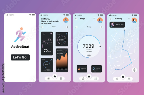 Activity tracking app concept in flat design. An in-depth look at the ActiveBeat fitness app, showing UI elements for tracking various fitness and health metrics. Vector Illustration.