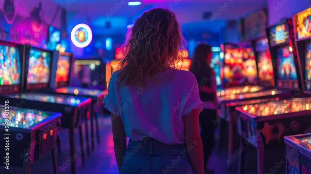Photo of a bustling arcade with pinball machines, highlighting a woman playing, taken from behind her shoulder with the vibrant lights reflecting off the screen Photo of a bustling arcade with pinball machines, highlighting a woman playing, taken from behind her shoulder with the vibrant lights reflecting off the screen