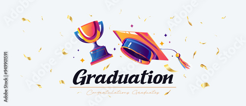 Education concept illustration. Graduation, congratulations Graduates. The design contains elements of a graduation cap and award trophy isolated on a white background. Graduation day celebration