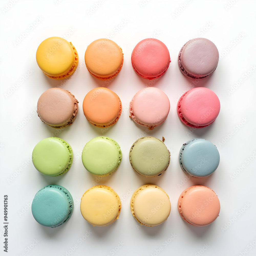 Colorful macarons stacked in a square grid pattern on a white background, showcasing an array of flavors perfect for sweet treat and dessert photography.
Colorful macarons stacked in a square grid pattern on a white background, showcasing an array of flavors perfect for sweet treat and dessert photography.