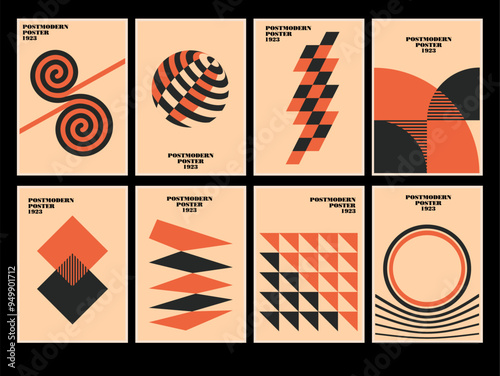 Set of 20s minimalistic geometric posters inspired postmodern of vector abstract dynamic symbols with bold geometric shapes, useful for web background, poster art design, hi-tech print, cover artwork