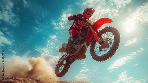 A motocross rider soars through the air on their dirt bike. photo