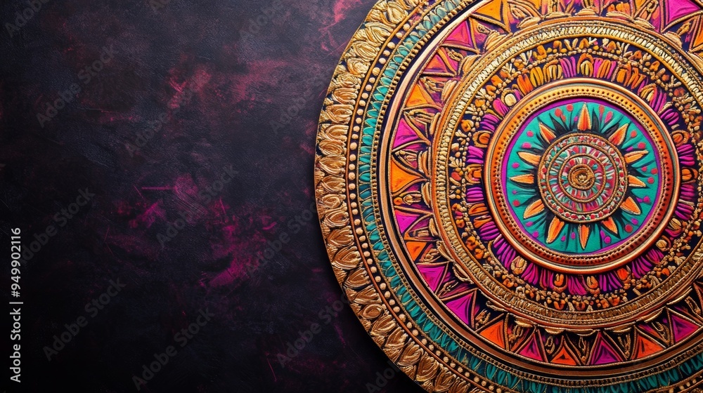 Obraz premium An ornate Indian mandala pattern featuring intricate designs in bright colors like gold, turquoise, and magenta. The mandala is detailed with geometric shapes and floral motifs, arranged in a